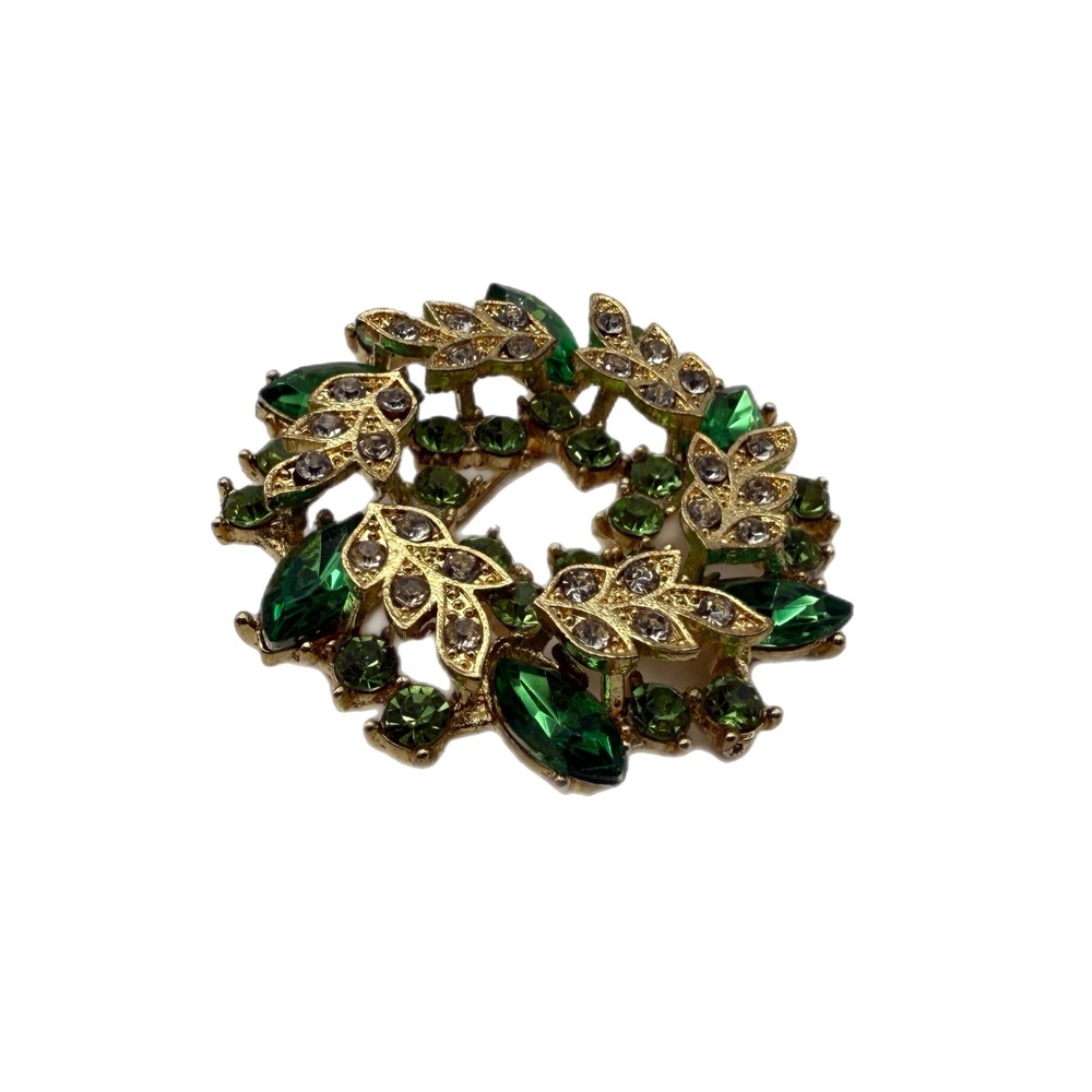 Gold Tone Green Rhinestone Wreath Brooch Pin Emerald Peridot Crystal - Picture 2 of 3